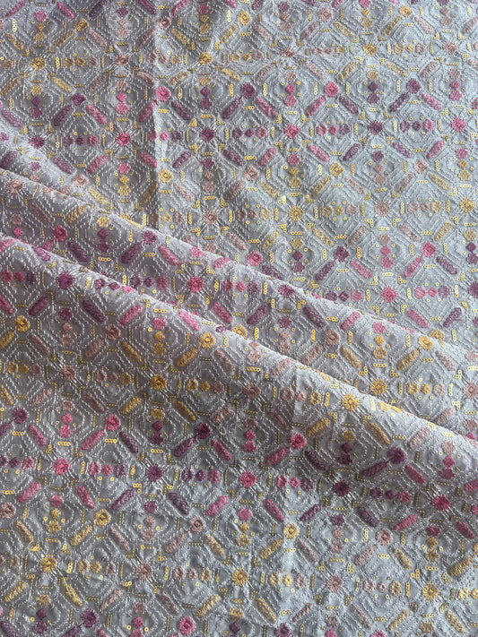 Lavander Sequence Geometrical Embroidery Silk Fabric