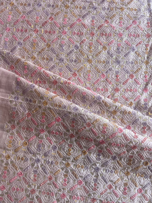 Peach Sequence Geometrical Embroidery Silk Fabric
