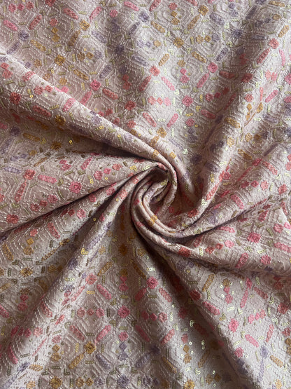 Peach Sequence Geometrical Embroidery Silk Fabric