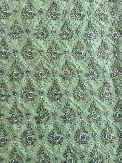 Green Sequence Mughal Jaal Embroidered Silk Fabric
