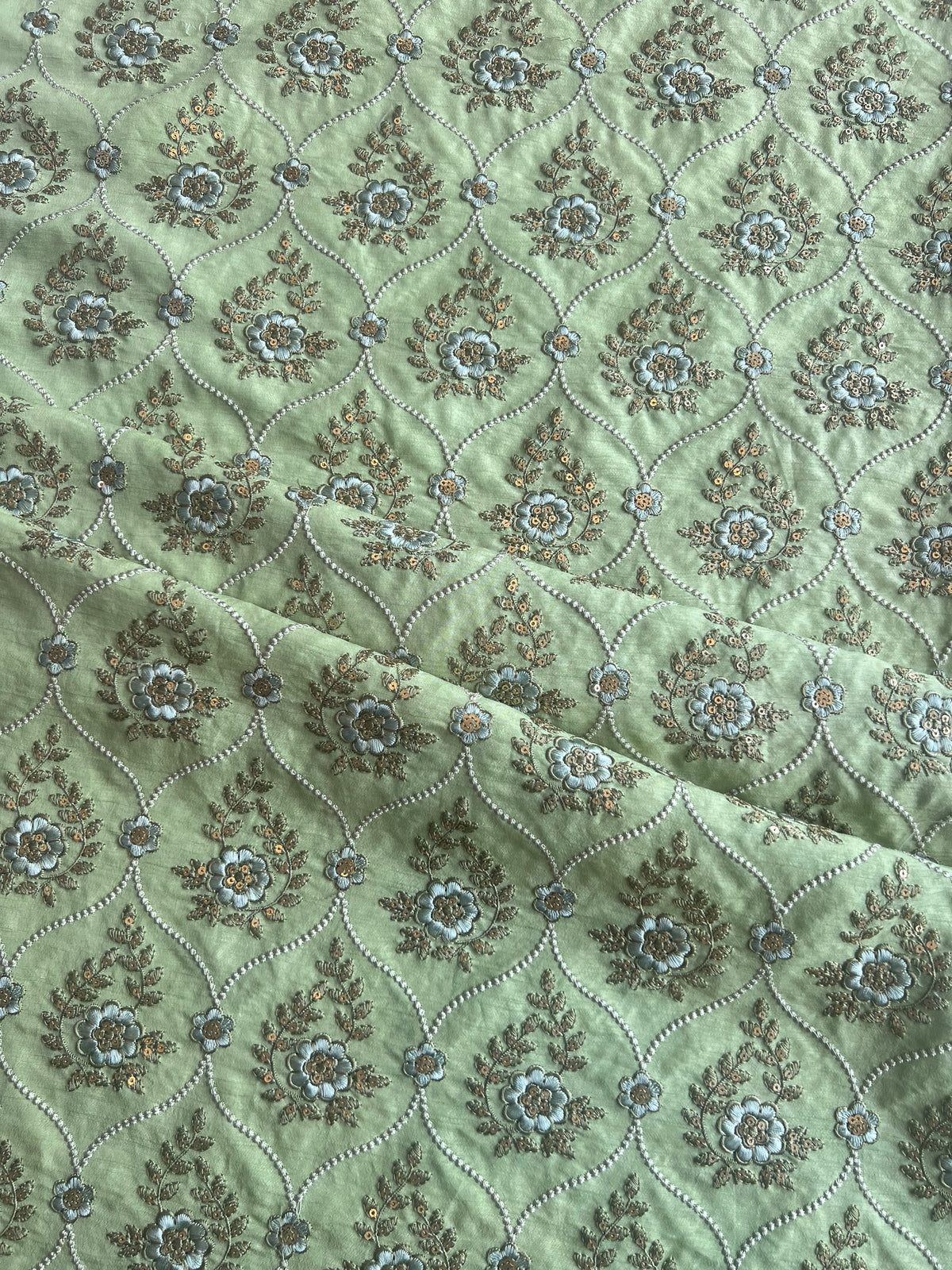 Green Sequence Mughal Jaal Embroidered Silk Fabric