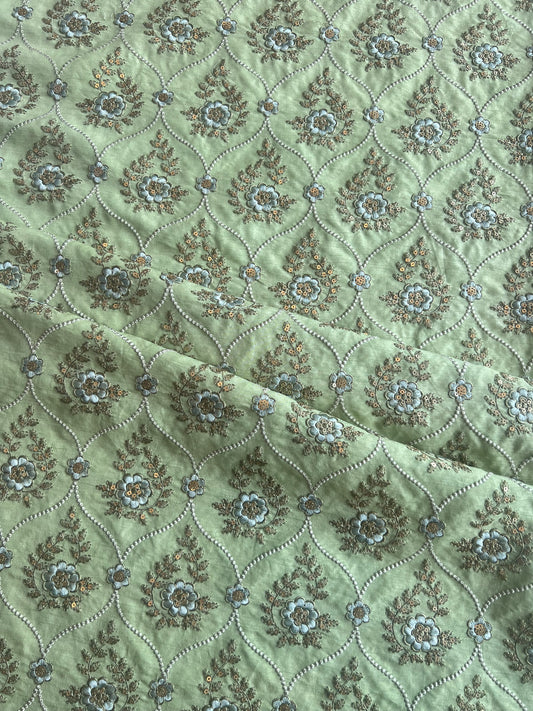 Green Sequence Mughal Jaal Embroidered Silk Fabric
