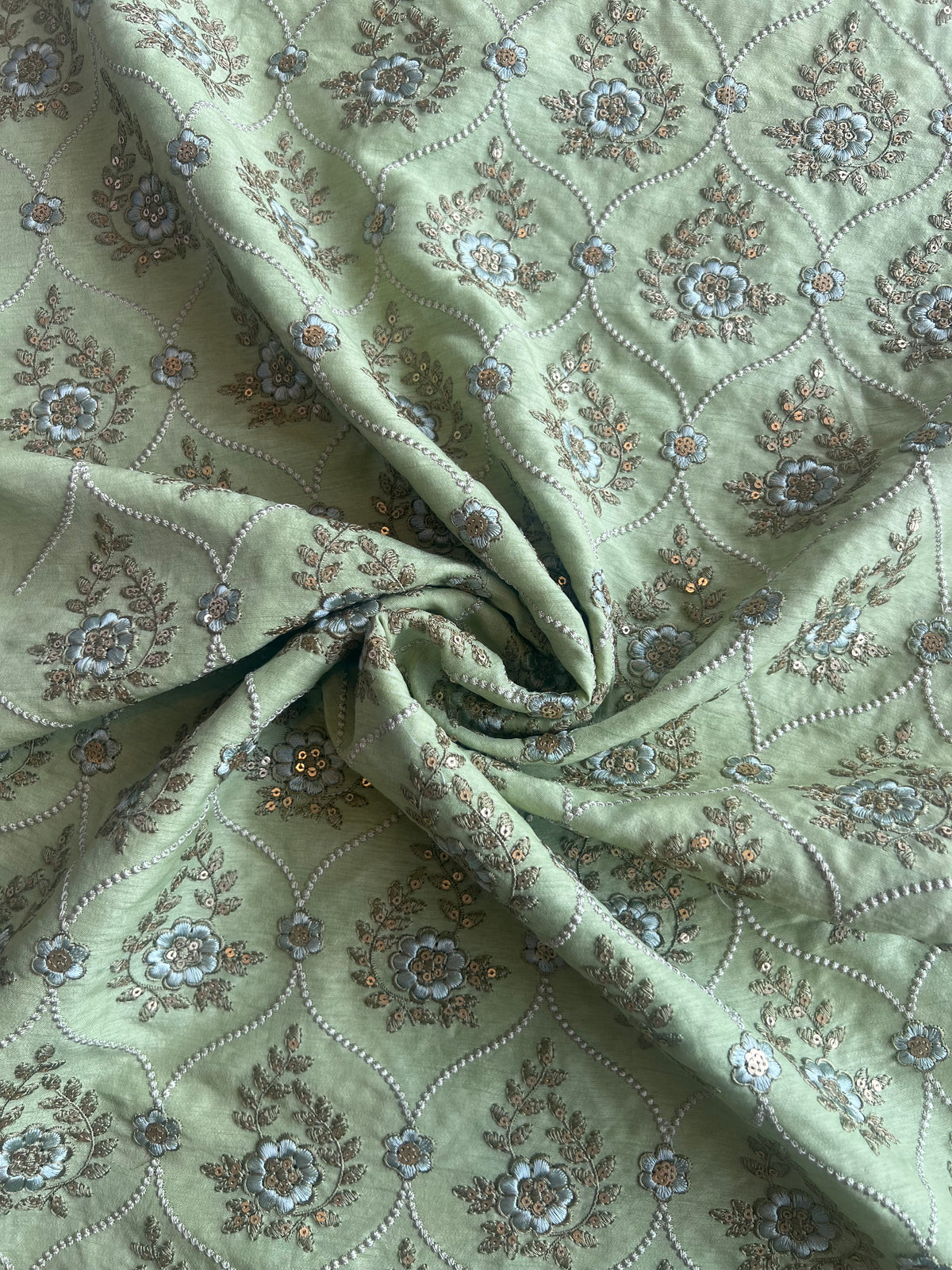 Green Sequence Mughal Jaal Embroidered Silk Fabric