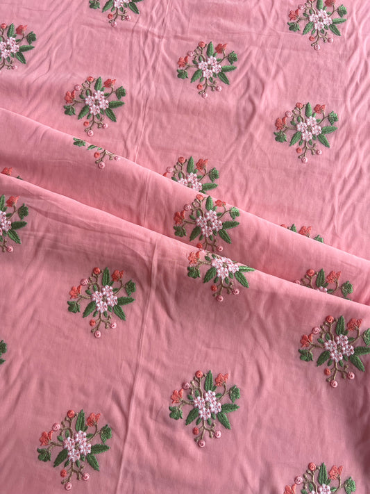 Peach Floral Embroidered 2 by 2 Rubia Fabric