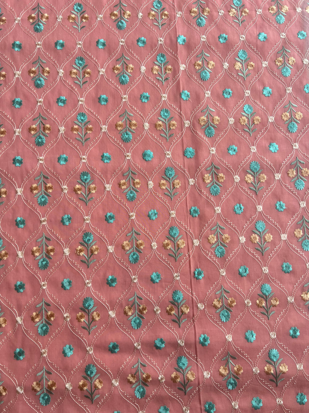 Peach Floral Embroidered 2 by 2 Rubia Fabric