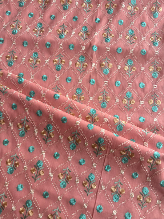 Peach Floral Embroidered 2 by 2 Rubia Fabric