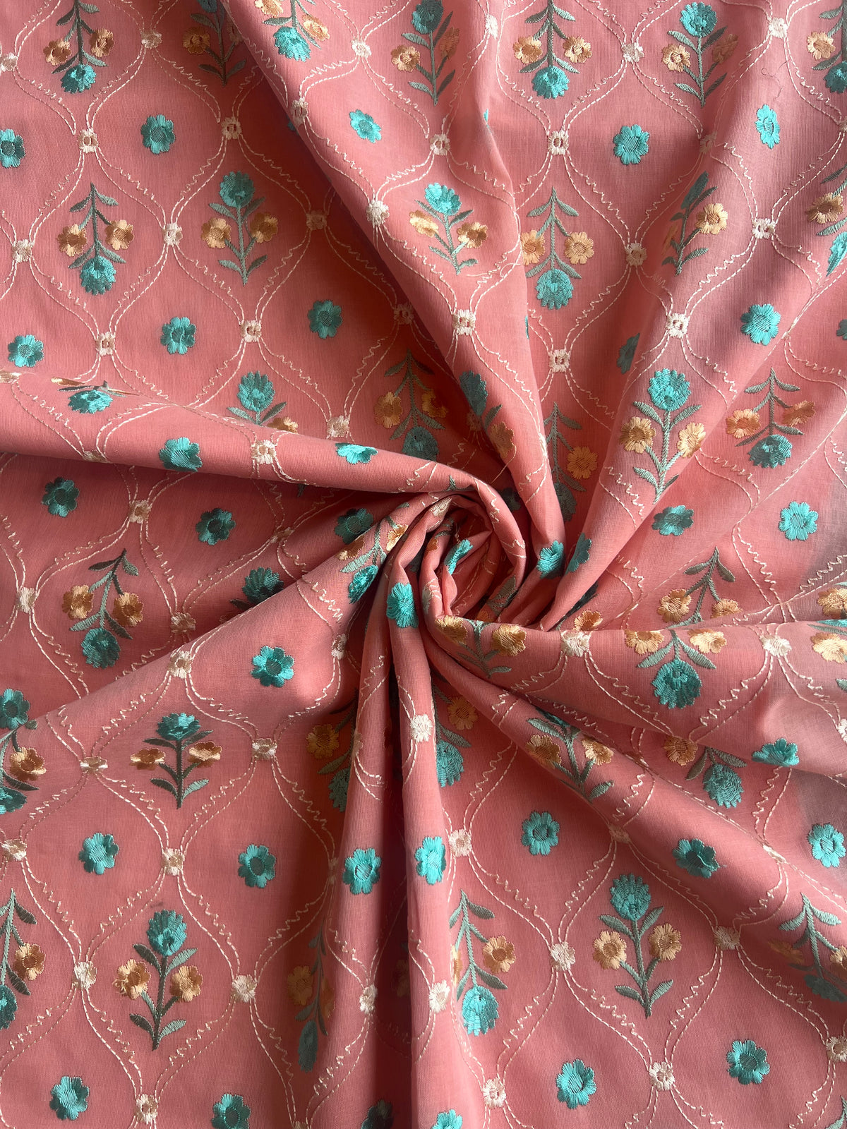 Peach Floral Embroidered 2 by 2 Rubia Fabric