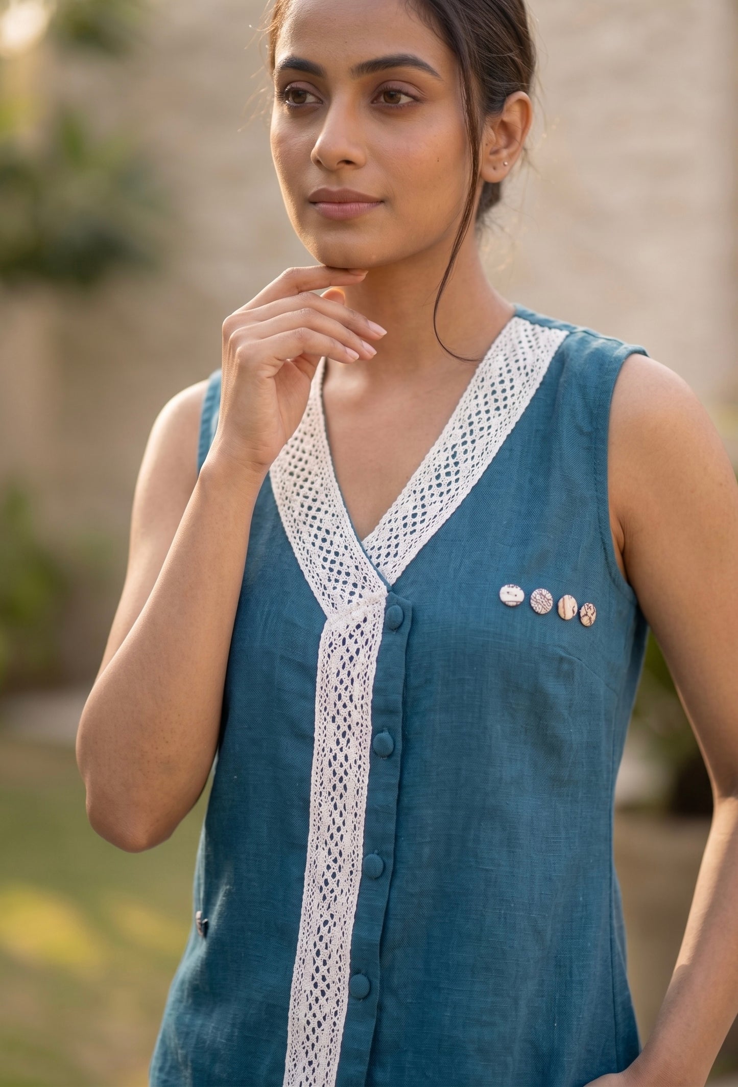 Blue Linen Sleeveless Co-ord Set