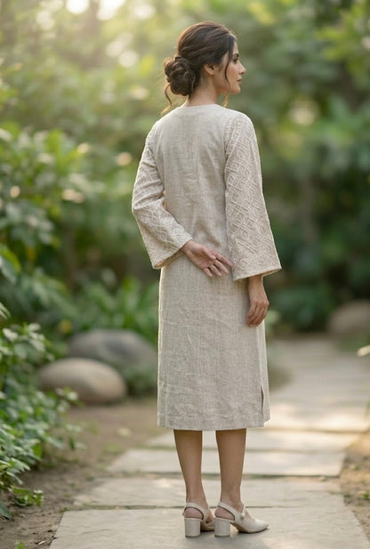 Beige Linen Dress with Applique Work