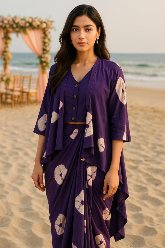 Purple Tie and Dye Pleated Skirt and Cape Indo Western