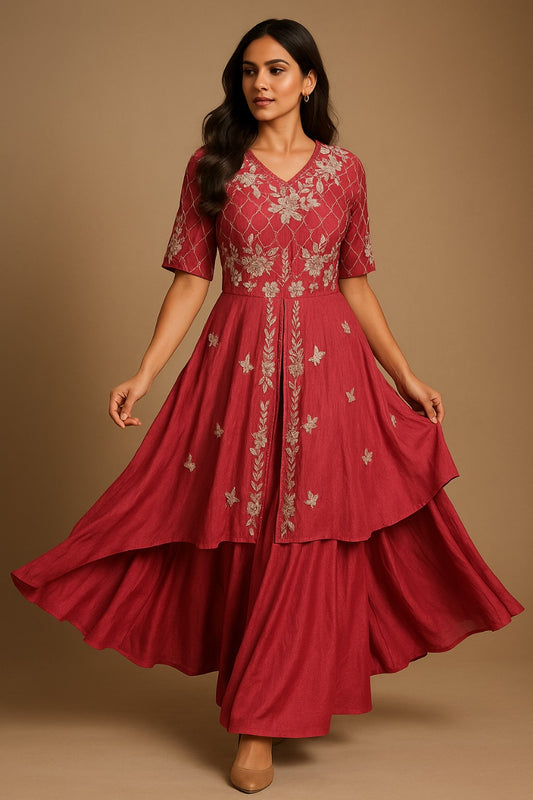 Peach Hand Work Indo Western