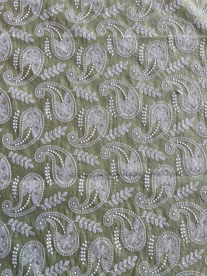 Olive Green Paisley Embroidered Cotton Fabric