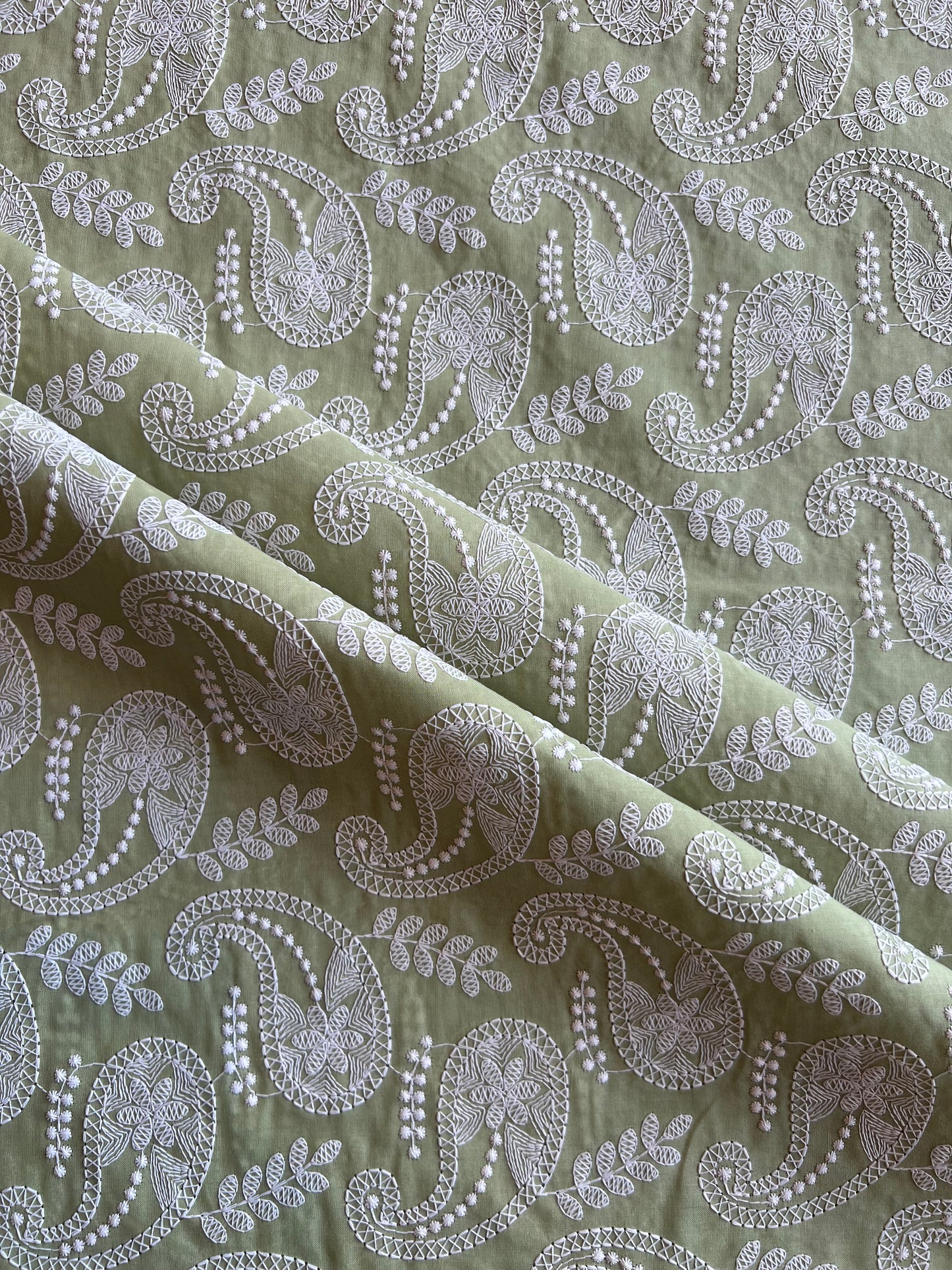 Olive Green Paisley Embroidered Cotton Fabric