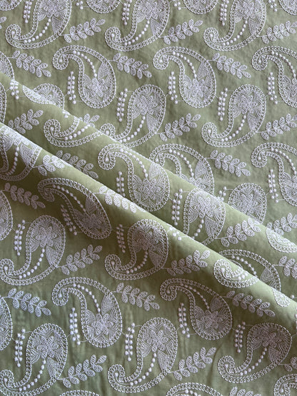 Olive Green Paisley Embroidered Cotton Fabric