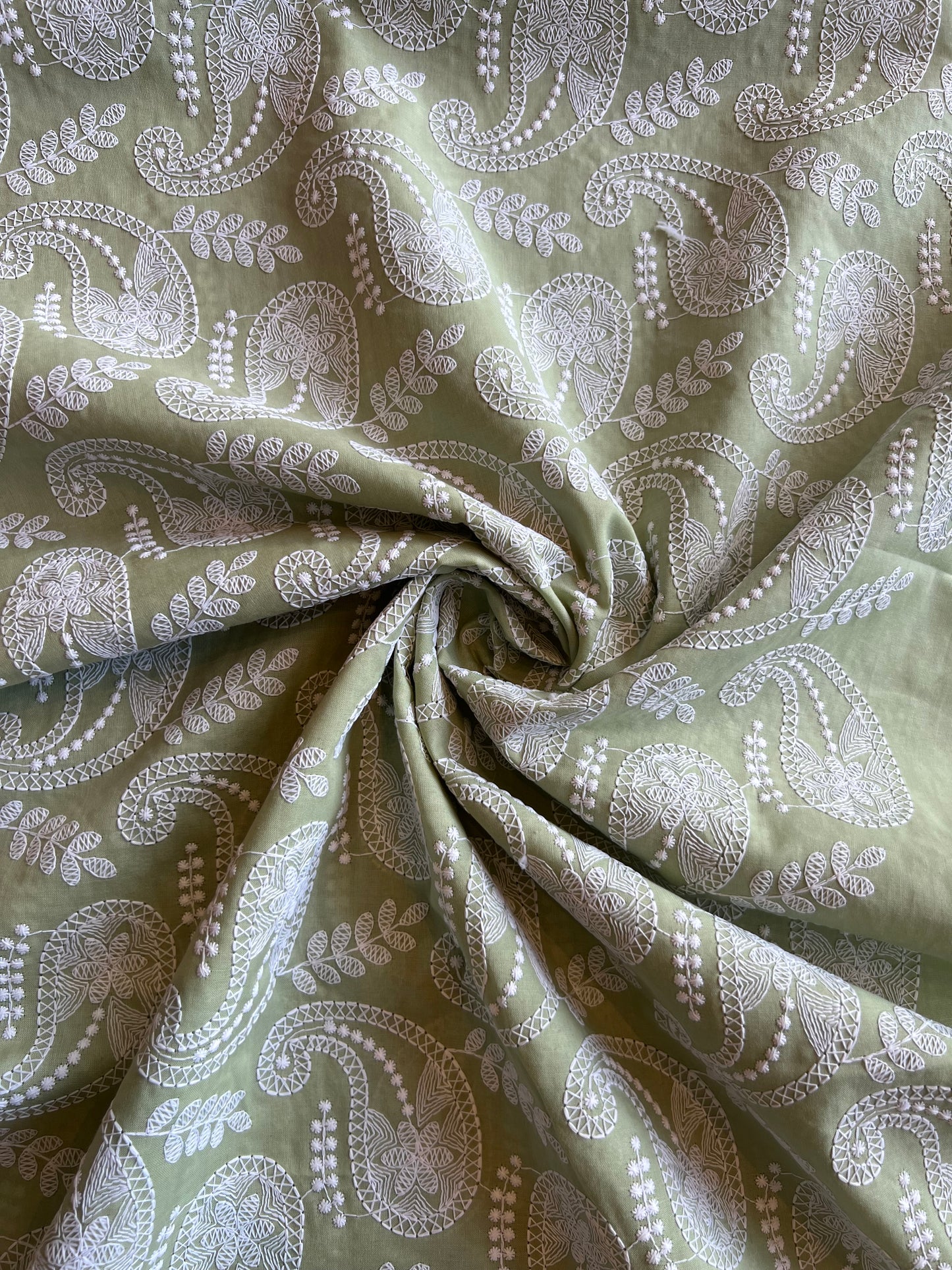 Olive Green Paisley Embroidered Cotton Fabric