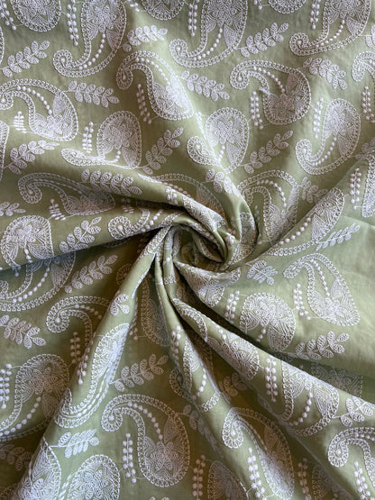 Olive Green Paisley Embroidered Cotton Fabric