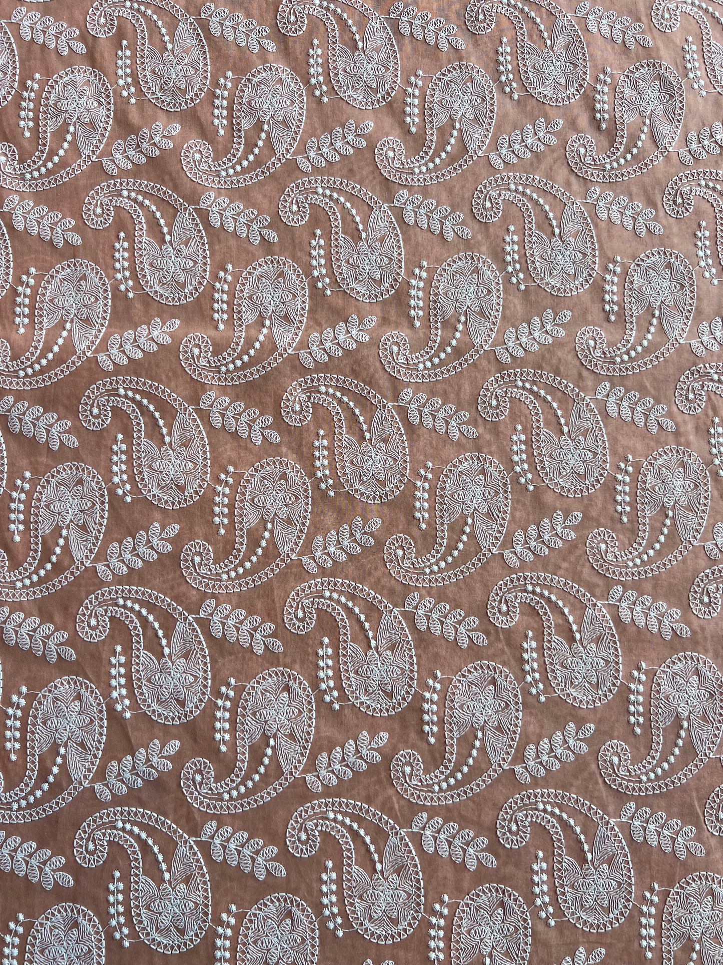 Peach Paisley Embroidered Cotton Fabric