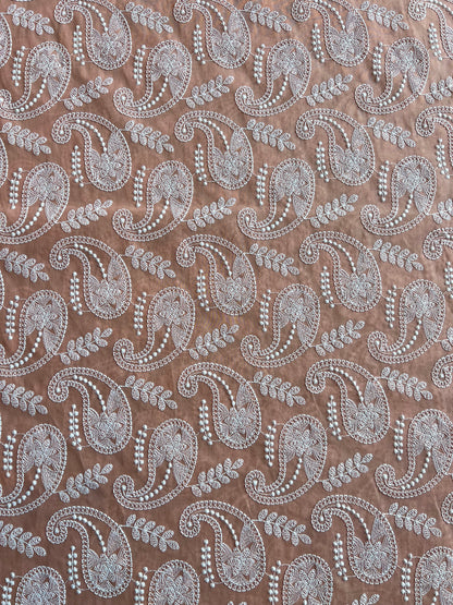 Peach Paisley Embroidered Cotton Fabric