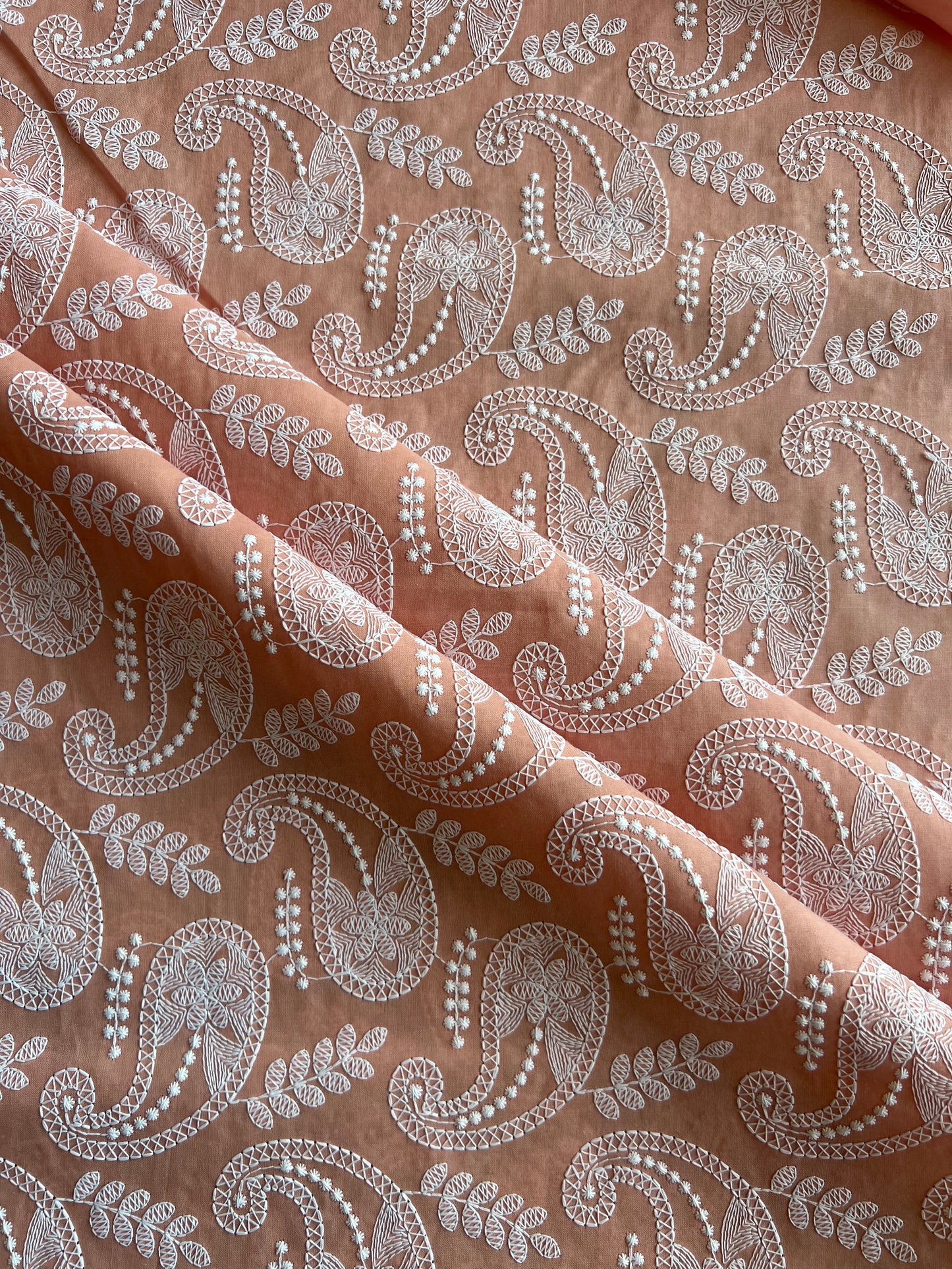 Peach Paisley Embroidered Cotton Fabric