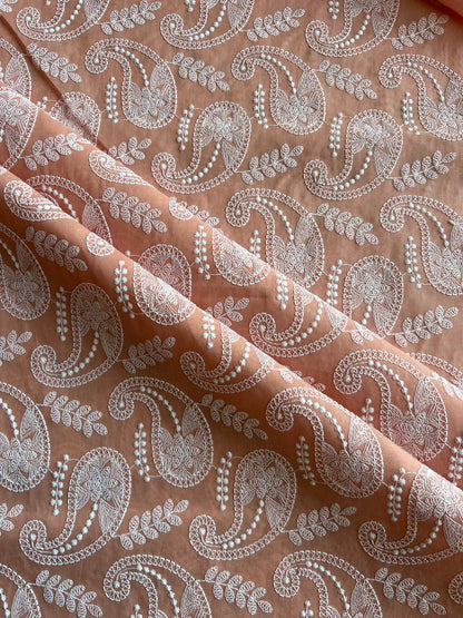 Peach Paisley Embroidered Cotton Fabric