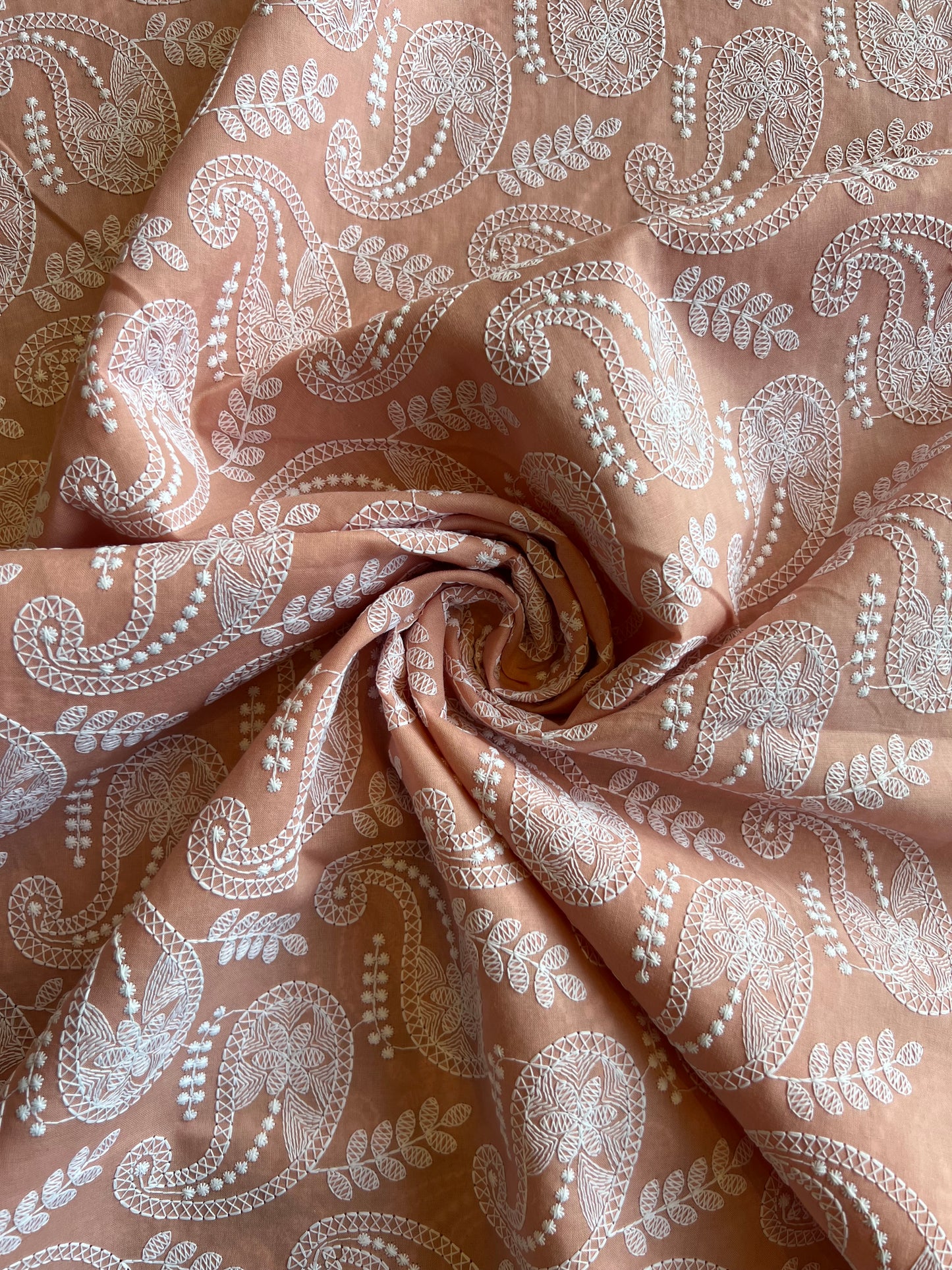 Peach Paisley Embroidered Cotton Fabric