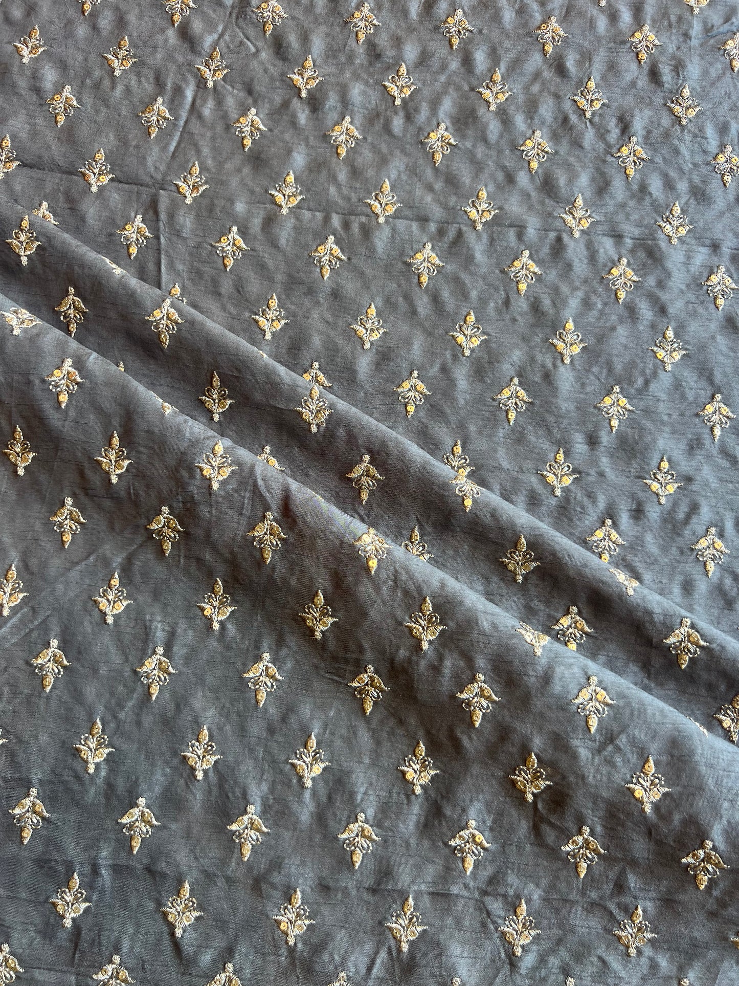 Grey Sequence Work Embroidery Viscose Raw Silk Fabric