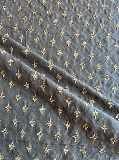 Grey Sequence Work Embroidery Viscose Raw Silk Fabric