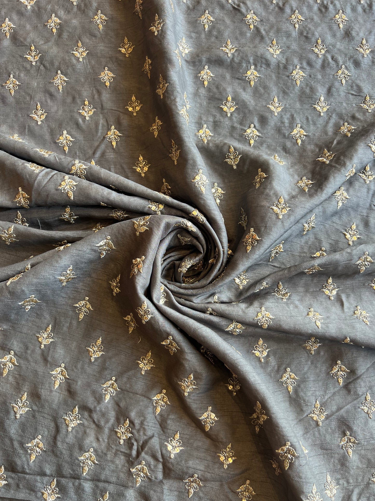 Grey Sequence Work Embroidery Viscose Raw Silk Fabric