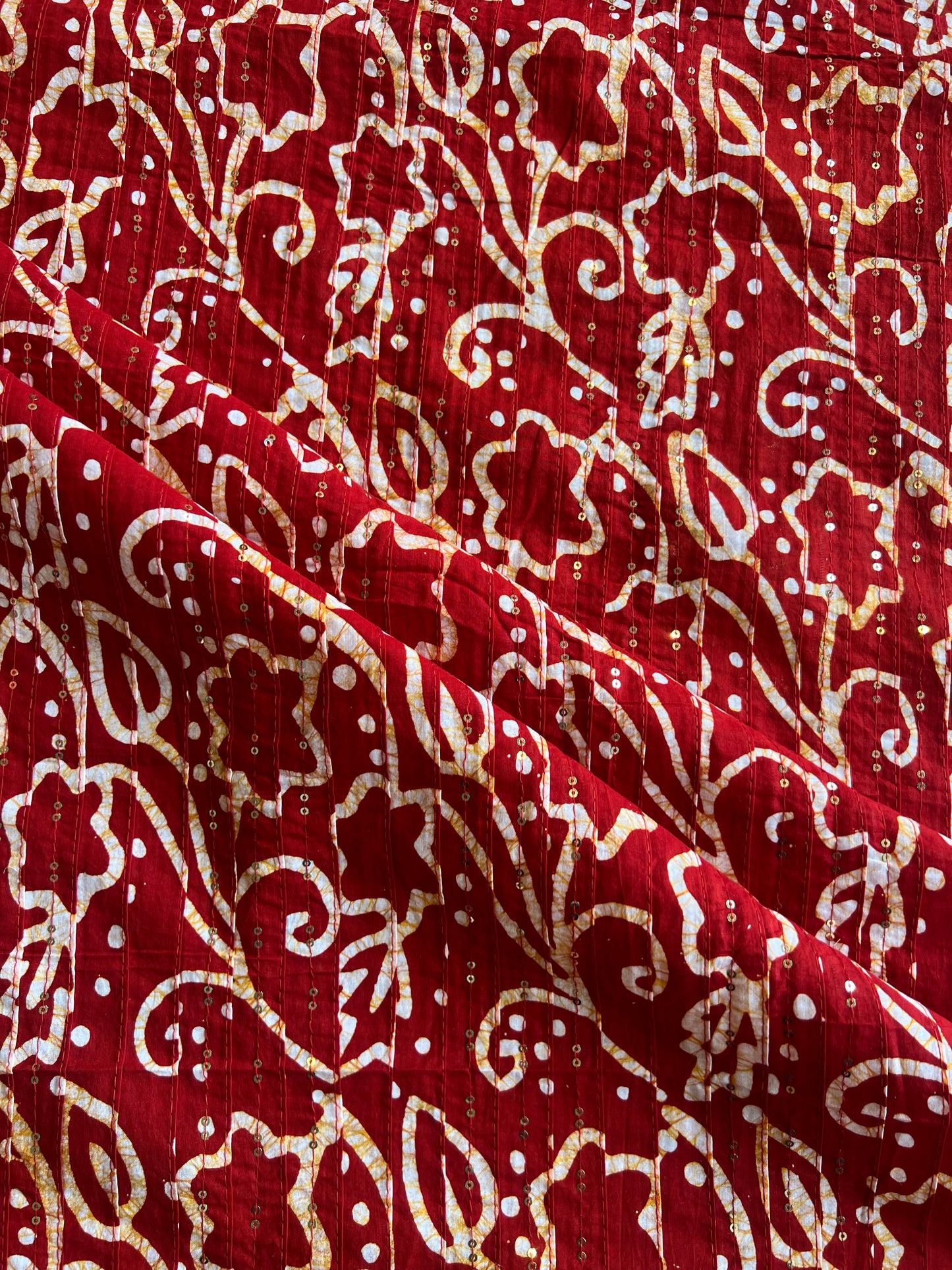 Red Batik Cotton Printed Fabric with Sequence Work Pintex