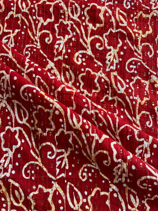Red Batik Cotton Printed Fabric with Sequence Work Pintex