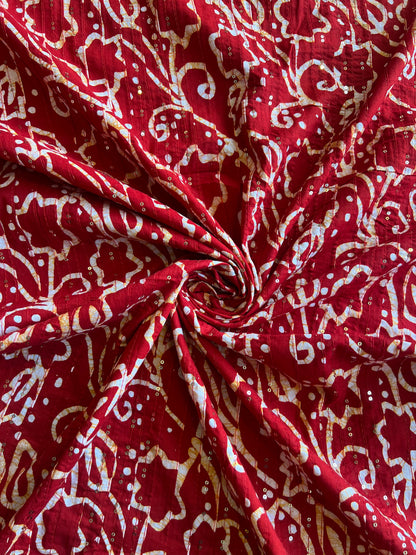 Red Batik Cotton Printed Fabric with Sequence Work Pintex