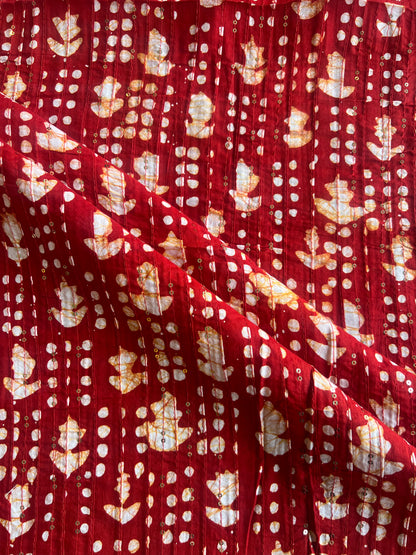 Maroon Batik Cotton Printed Fabric with Sequence Work Pintex