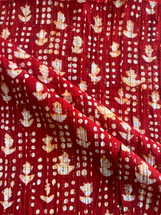 Maroon Batik Cotton Printed Fabric with Sequence Work Pintex