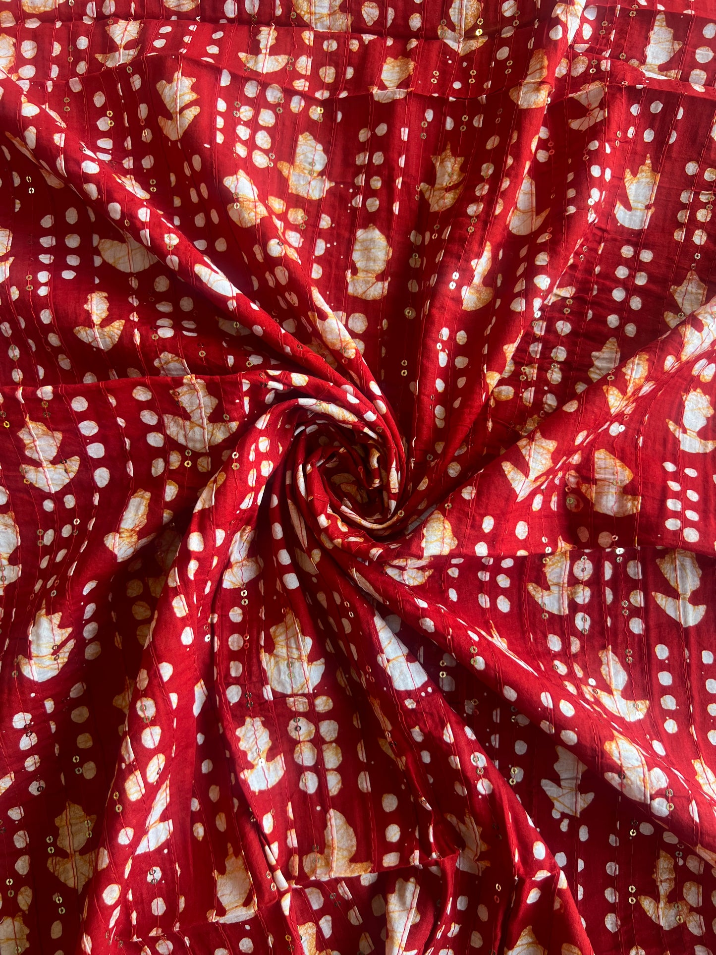 Maroon Batik Cotton Printed Fabric with Sequence Work Pintex