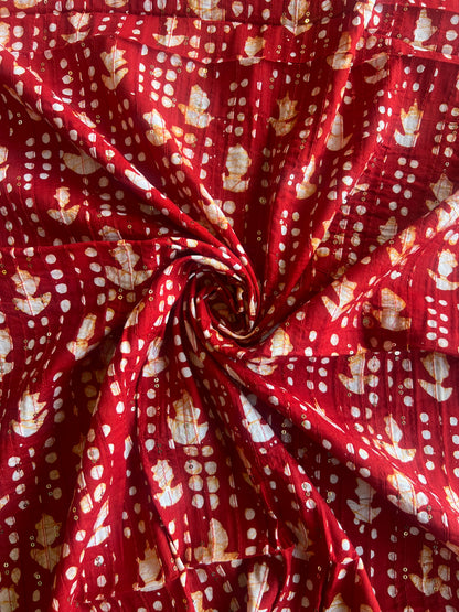 Maroon Batik Cotton Printed Fabric with Sequence Work Pintex