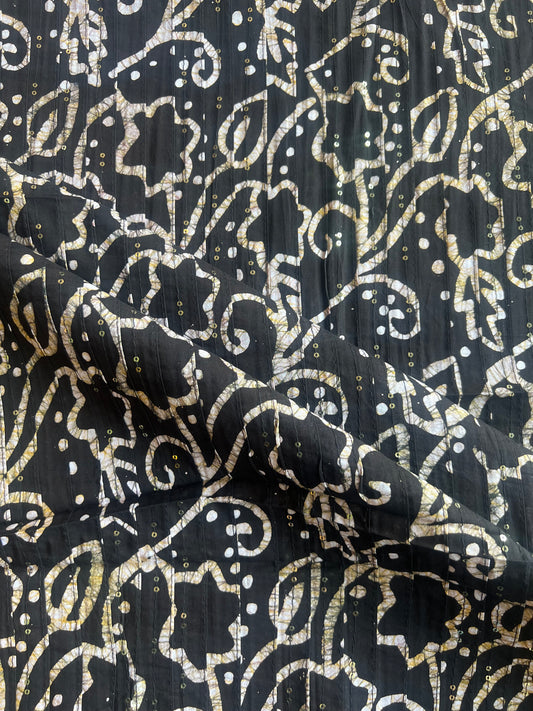 Black Batik Cotton Printed Fabric with Sequence Work Pintex