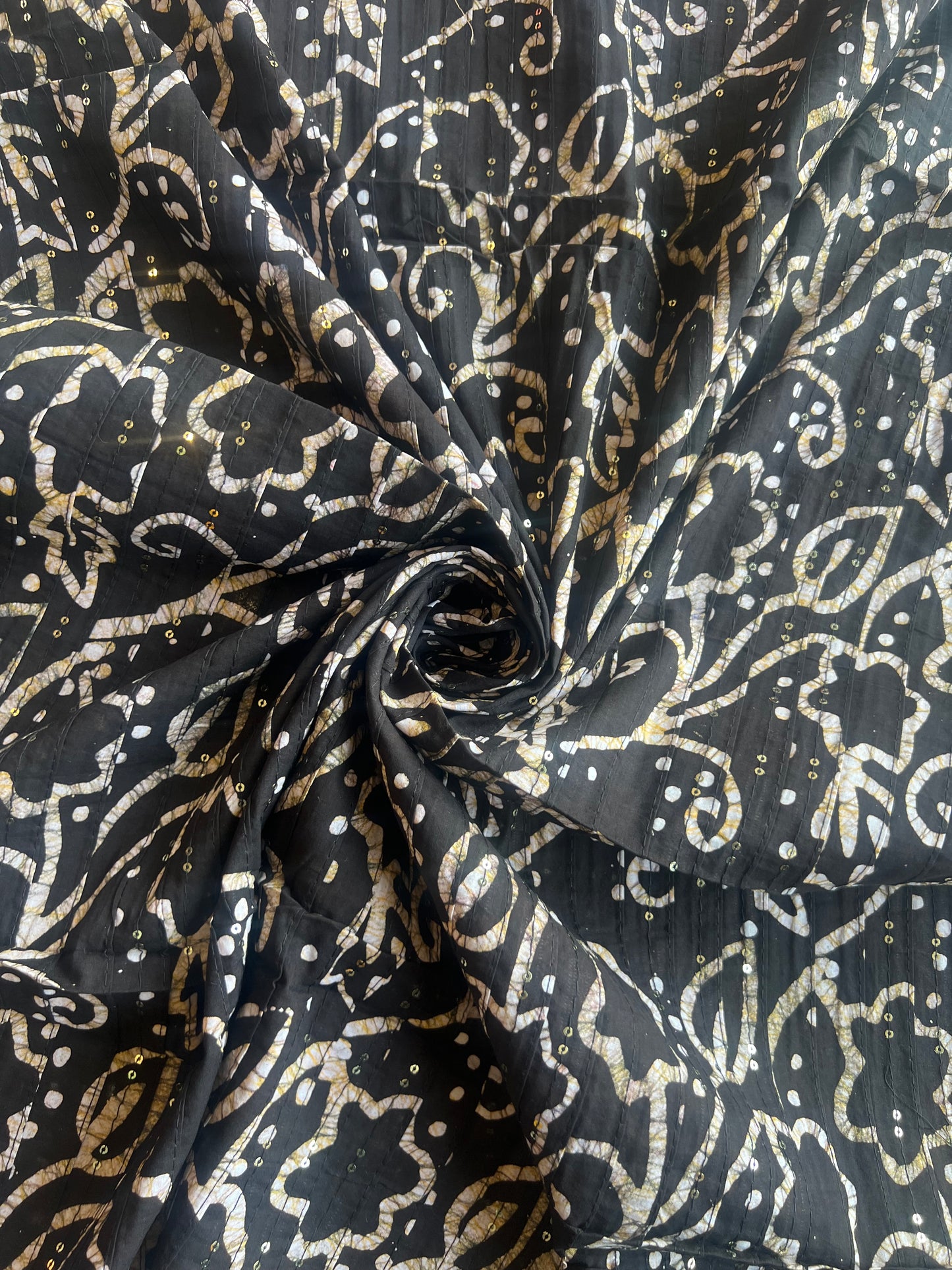 Black Batik Cotton Printed Fabric with Sequence Work Pintex