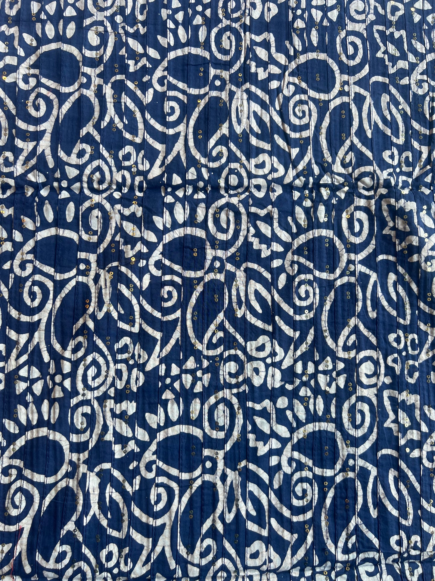 Blue Batik Cotton Printed Fabric with Sequence Work Pintex