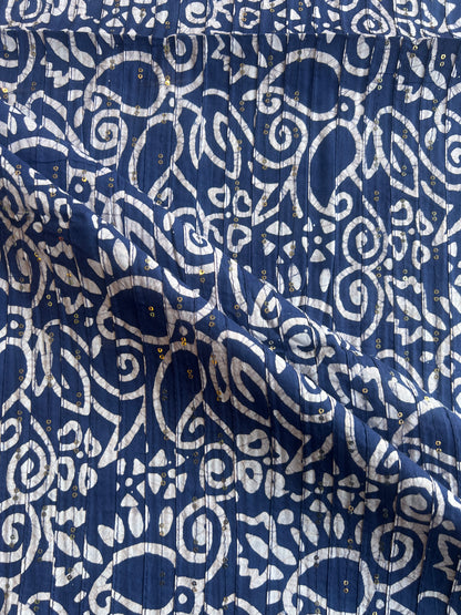 Blue Batik Cotton Printed Fabric with Sequence Work Pintex
