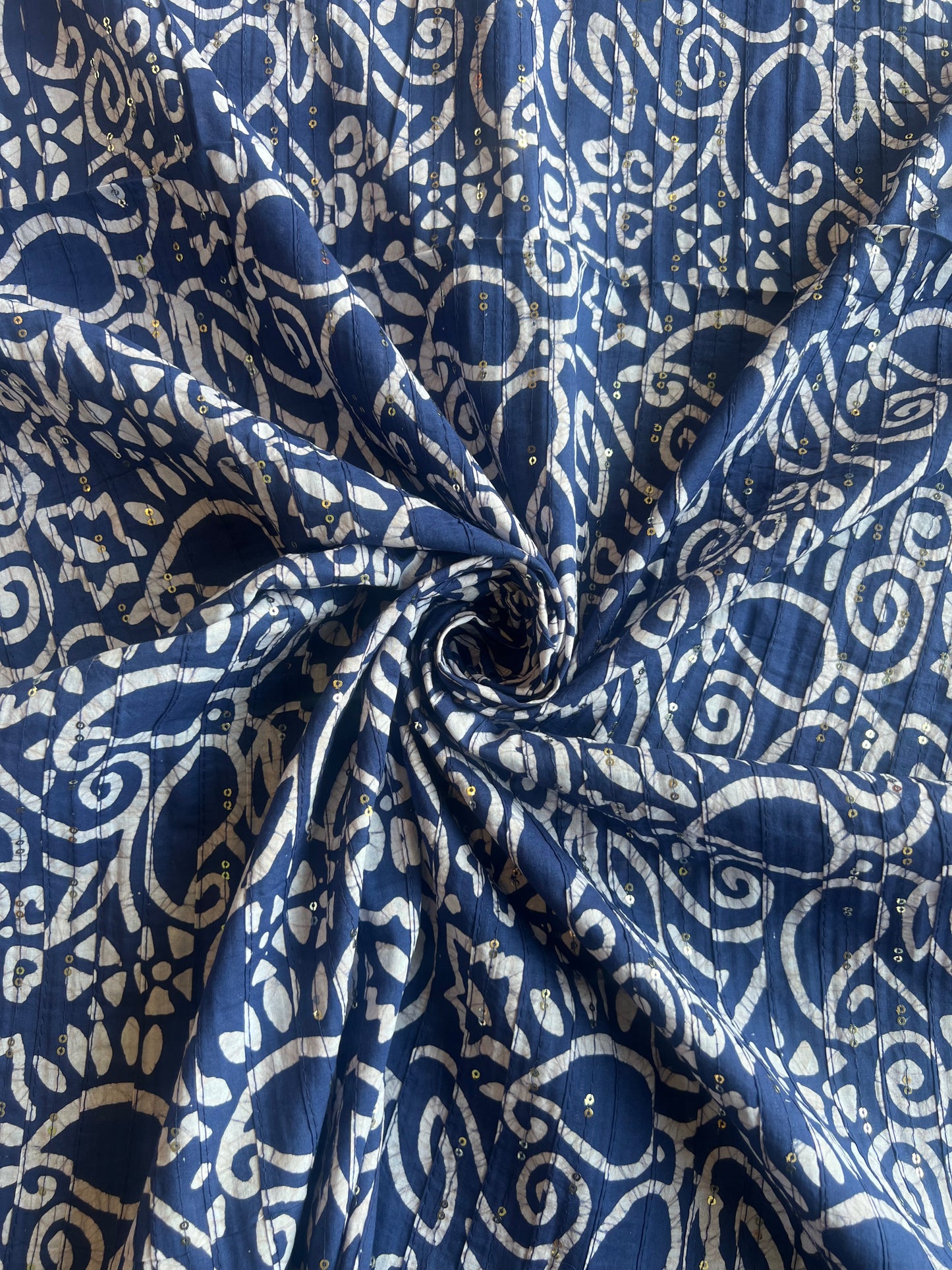 Blue Batik Cotton Printed Fabric with Sequence Work Pintex