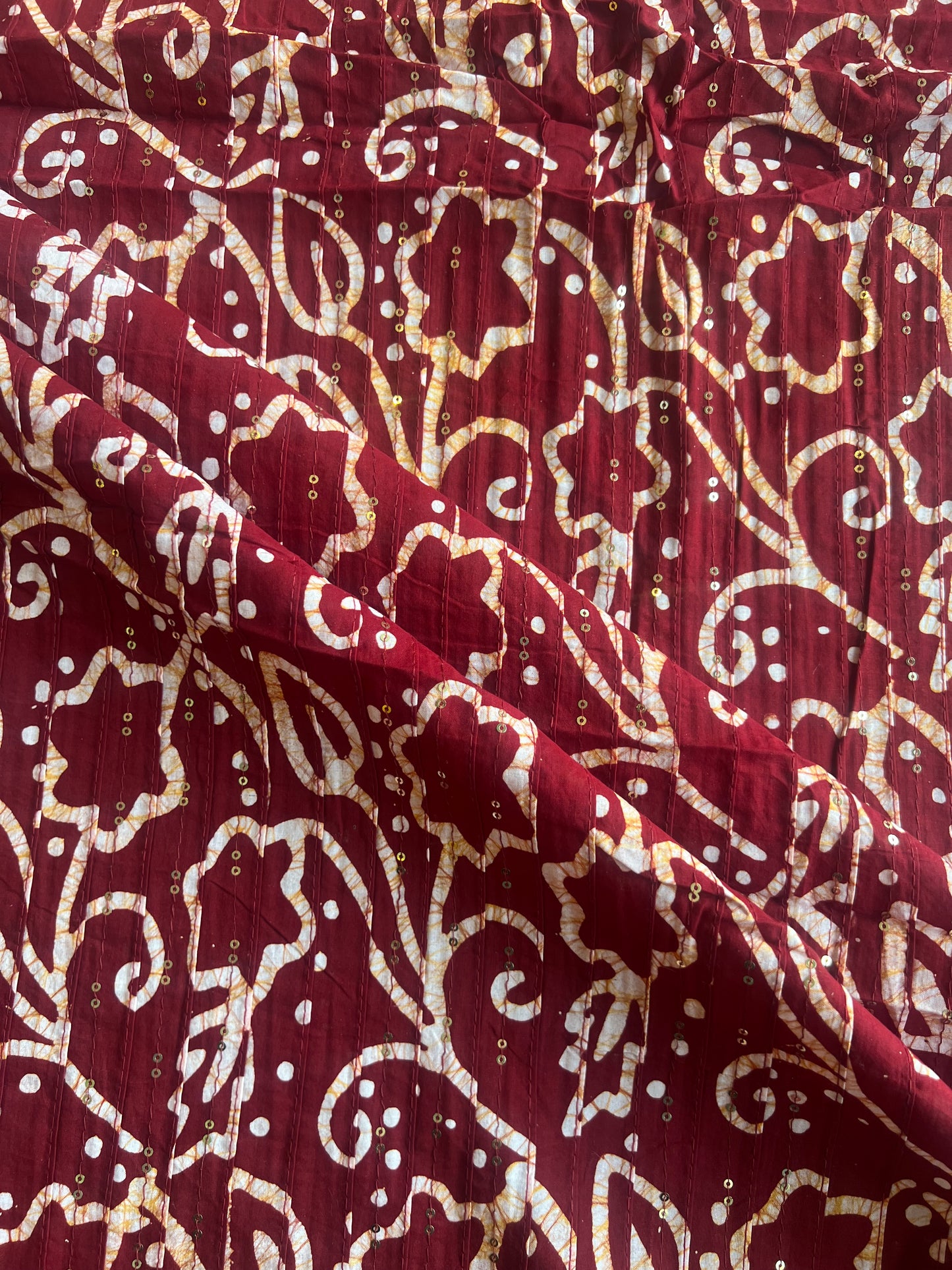 Maroon Batik Cotton Prined Fabric with Sequence Work Pintex