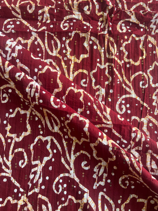 Maroon Batik Cotton Prined Fabric with Sequence Work Pintex