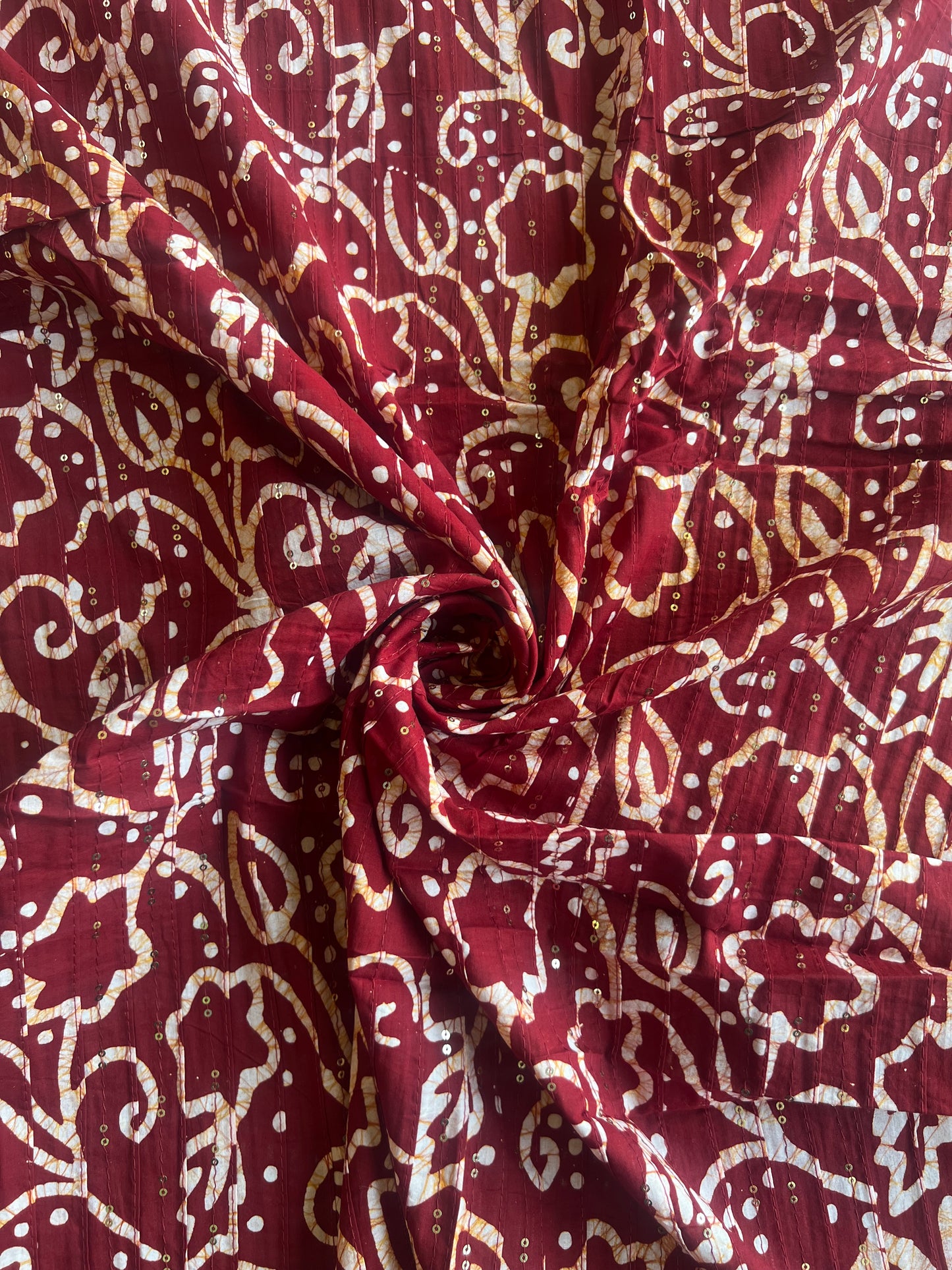 Maroon Batik Cotton Prined Fabric with Sequence Work Pintex