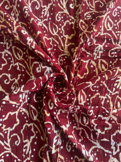 Maroon Batik Cotton Prined Fabric with Sequence Work Pintex