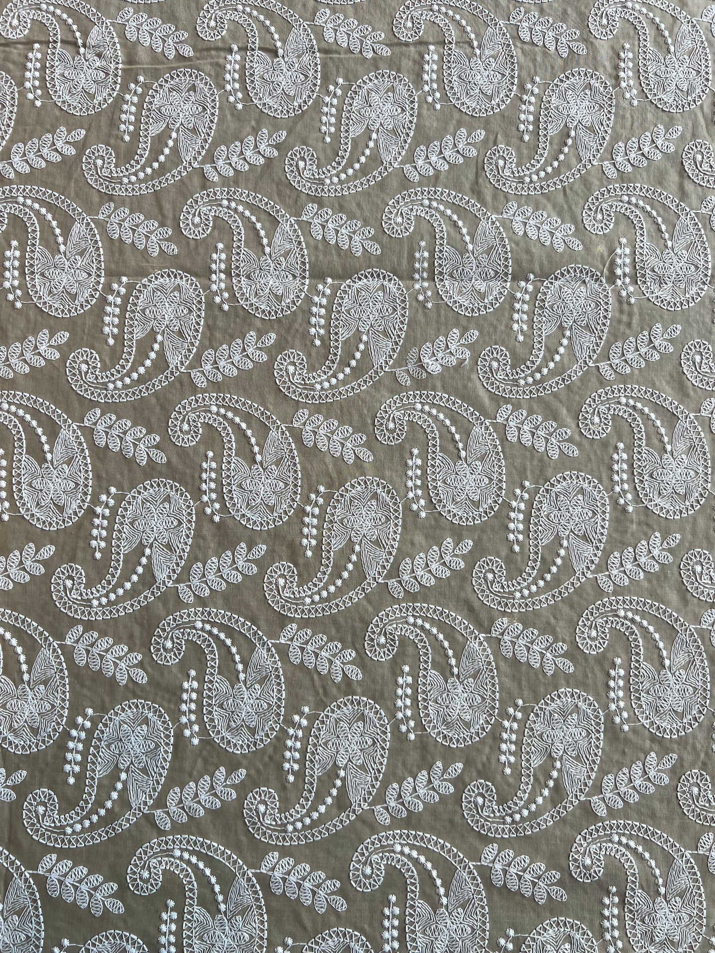Beige Paisley Embroidered Cotton Fabric