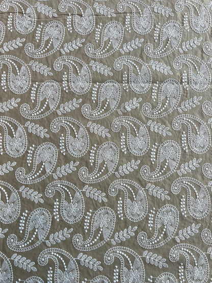 Beige Paisley Embroidered Cotton Fabric