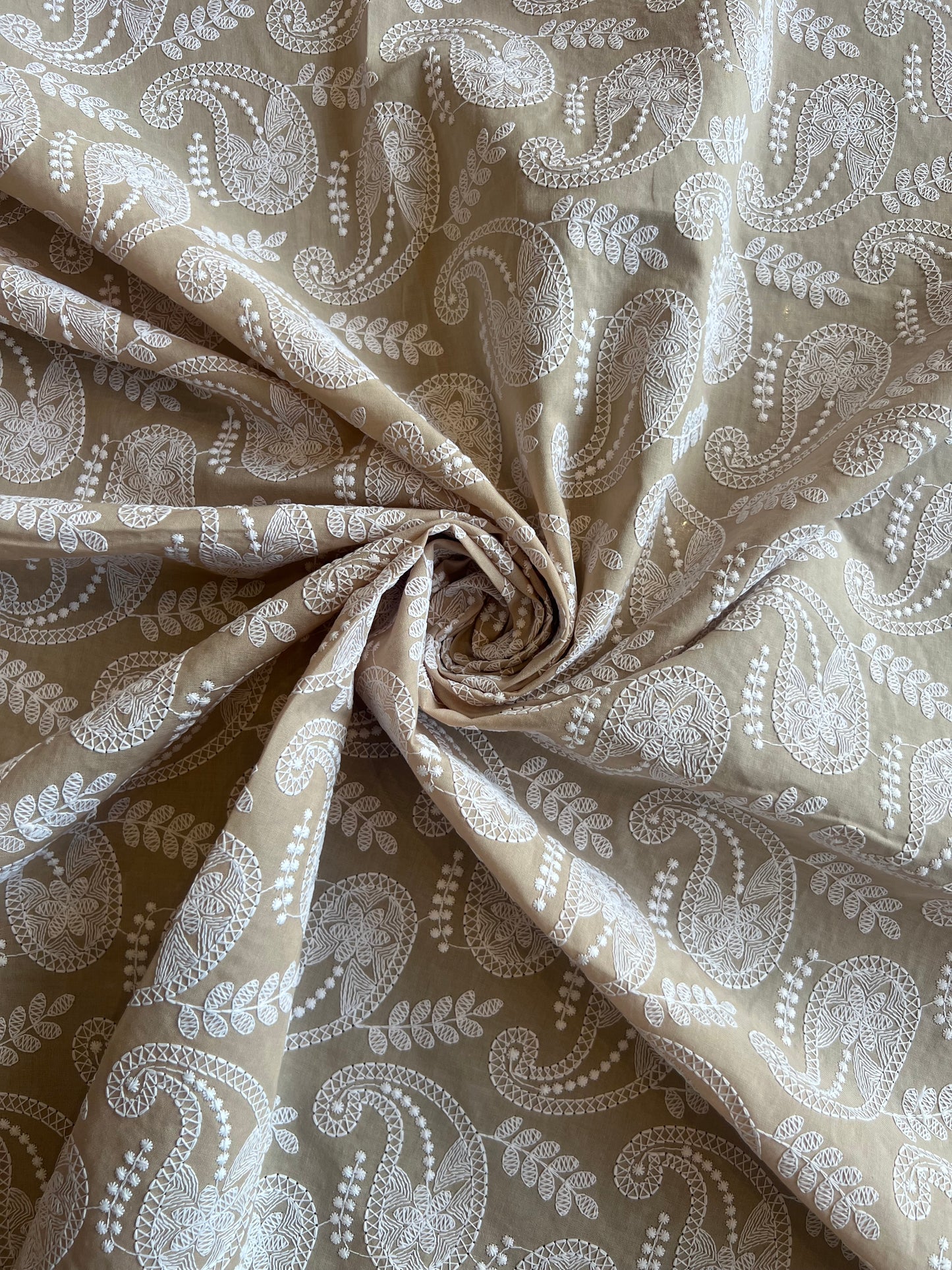 Beige Paisley Embroidered Cotton Fabric