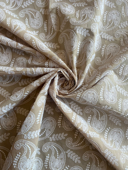 Beige Paisley Embroidered Cotton Fabric