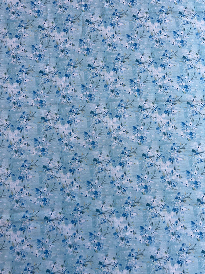 Blue Floral Printed Muslin Fabric