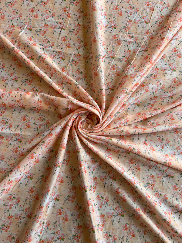 Peach Floral Printed Muslin Fabric